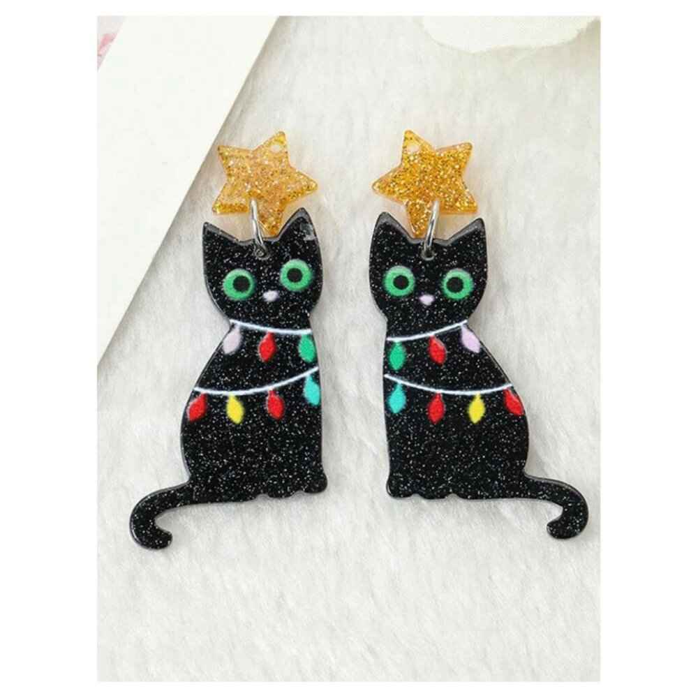 Black Cat Christmas Acrylic Earrings
